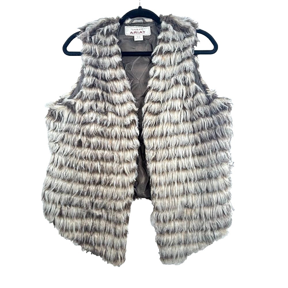 ARIAT Fur‎ Vest Womens Medium Brown Gray Warm Western Cowgirl Boho Mob Wife Sz M